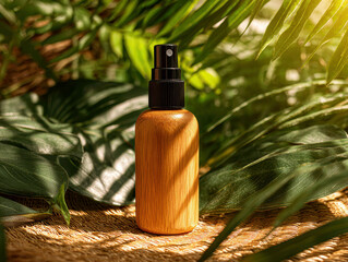 Close-up image of an amber glass bottle with dropper cap on woven fabric in a natural setting, possibly outdoors during early morning or late afternoon Lush tropical leaves and sunligh - AI-Generated