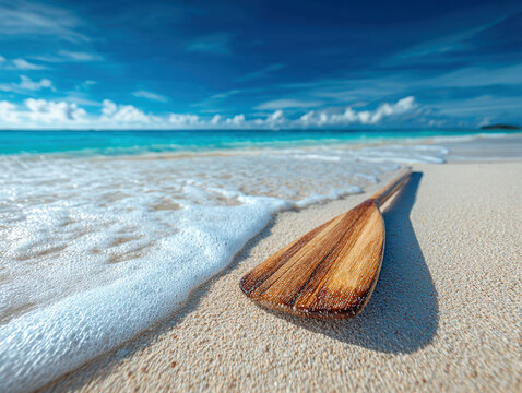 Tranquil beach scene with wooden paddleboard in water, golden sand, clear and calm sea, breaking clouds, warm blues, and naturalistic style - AI-Generated