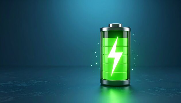 Fully Charged Battery with Lightning Bolt on a Blue Gradient Background