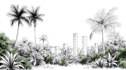Tropical landscape featuring palm trees and lush greenery, creating serene and inviting atmosphere. intricate details of plants enhance natural