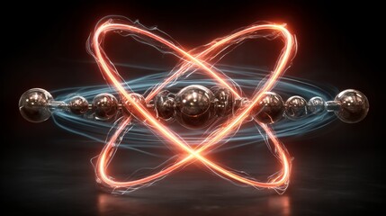 A vibrant atomic structure with two electron orbits, glowing red-orange and blue trails,