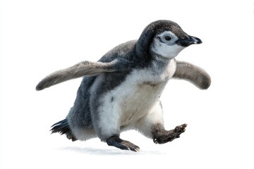 Happy penguin jumping joyfully in a playful leap, showcasing its enthusiasm against a clear background