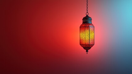 Obraz premium Illuminated lantern hanging against a red and blue background, ideal for Ramadan or festive celebrations