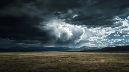Fototapeta premium large clouds laden with water over a valley, stormy day generative ai