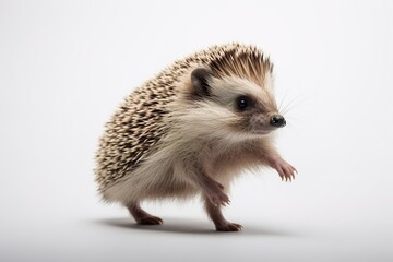 Fototapeta premium A playful hedgehog, its spines standing on end, captured in motion against a white backdrop
