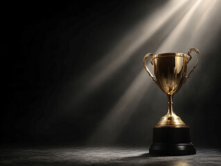 A gold trophy with two handles, standing out against a dark gray to black background The trophy reflects light and is isolated within the frame, with shadows cast to one side, suggesti - AI-Generated