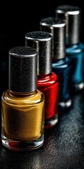 Colorful nail polish bottles in a row on dark surface