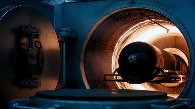 Industrial vulcanization oven door open revealing glowing hot interior and Kevlar fuel bladder curing symbolizing advanced heat treatment processes.