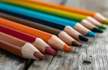 Obraz premium Close-up of colorful pencils aligned neatly on weathered wooden surface for artistic use and creativity