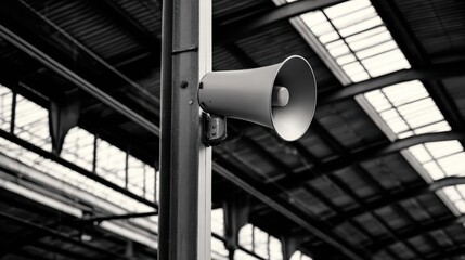 A vintage megaphone mounted on a steel post in a spacious, sunlit train station with industrial architecture