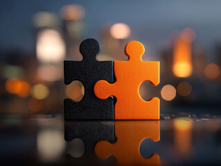 Close-up of two interlocking puzzle pieces in vibrant orange and black against a blurred urban night backdrop with reflective lights - AI-Generated