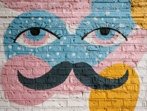 High wall mural of a colorful, stylized face with exaggerated features on brick wall Perspective from ground level looking up Bold lines, vibrant colors pink, blue, yellow, white S - AI-Generated - Powered by Adobe