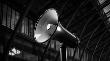 Black and white image of a vintage megaphone in an industrial setting with large windows in the background