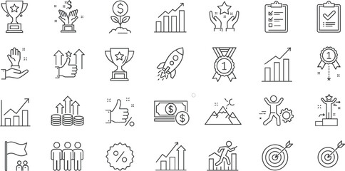 Business achievement icons, growth chart, financial profit, award trophy, career success, leadership medal, startup rocket, motivation symbol, teamwork goal, target strategy