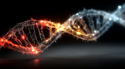 Fototapeta premium Artistic representation of DNA double helix with vibrant red and yellow lights highlighting nodes,