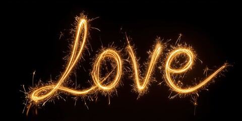 Sparkling love message in glowing light script against dark background