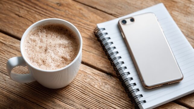 Warm cup of coffee beside a notepad and smartphone on a rustic wooden table - Powered by Adobe