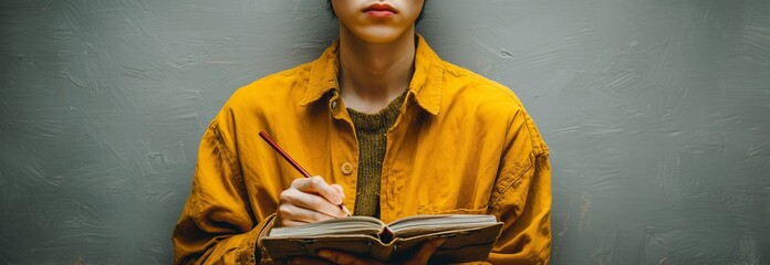 A young person is writing in a notebook, wearing a yellow jacket, conveying creativity and contemplation.