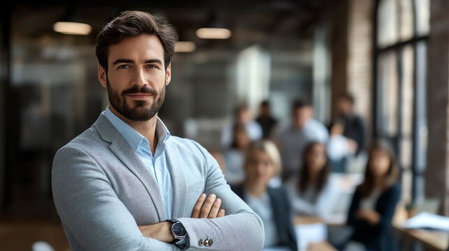 Confident businessman standing with arms crossed in an office meeting environment.