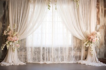 A vintage lace wedding backdrop with soft tones, lace curtains, and delicate flowers for a timeless, romantic feel.