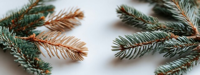 Obraz premium Green and brown spruce branches arranged on a light surface for winter decoration and crafts