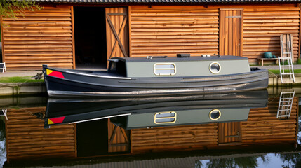 A narrow boat is moored on a canal in front of a wooden shed. It is perfectly reflected in the still water