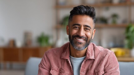 Obraz premium headshot portrait of attractive confident indian hispanic man with toothy smile looking at camera at modern living room latin businessman posing in casual stylish look at home office no logos no bran