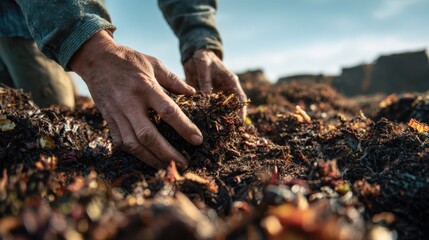 Midrange shot of compost piles turning with hands mixing organic matter representing soil health and waste recycling in farming.