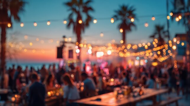 blurred people having sunset beach party in summer vacation  defocused image  concept of nightlife with cocktails and music entertainment no logos no brands ar 169 - Powered by Adobe