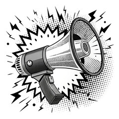 Electric megaphone isolated in retro halftone black and white png vintage style loudspeaker png classic audio device png retro communication tool png halftone effect png transparent background image