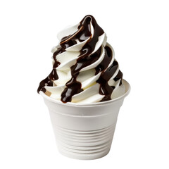 Creamy soft serve ice cream with chocolate syrup in a paper cup