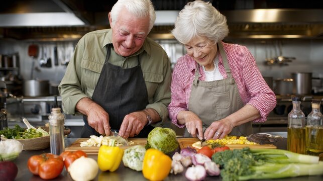 Senior couple engaged in a cooking class main focus on their hands preparing ingredients blurred kitchen setting enhances learning atmosphere.