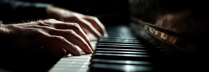 Close-up of hands playing piano keys, showcasing musical creativity and artistry in a dimly lit setting.