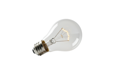 Pristine clear glass incandescent light bulb with glowing warm yellow filament, isolated against transparent background with subtle shadow and negative space, concept of innovation and discovery
