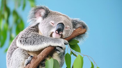 Fototapeta premium Cute koala resting on branch surrounded by green leaves, showcasing its fluffy fur and peaceful expression