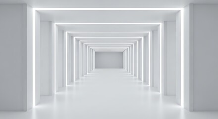 Fototapeta premium Modern white corridor with perspective view and geometric design elements inside building
