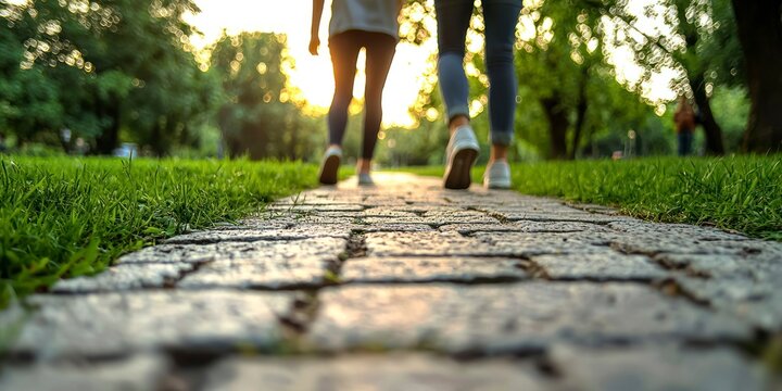 Two people walking on stone path in park during sunset with therapeutic laziness   - Powered by Adobe
