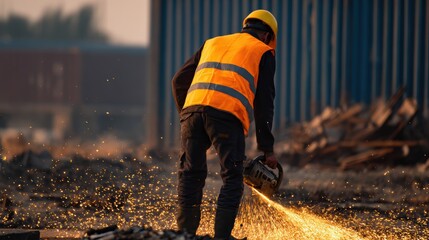 Construction worker in safety gear uses a chainsaw, creating sparks amidst a busy industrial site