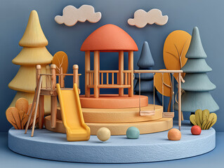 Vibrant childrens playground within a forest, composed of wooden structures and bright colors Multi-level tower with slides, monkey bars, and tunnel Varied tree species, scattered le - AI-Generated