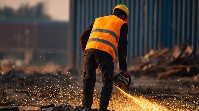 Construction worker in safety gear uses a chainsaw, creating sparks amidst a busy industrial site