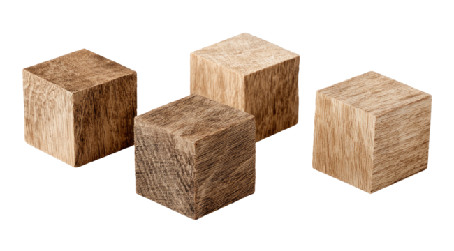Three interconnected wooden cubes, showcasing a rich, natural wood grain