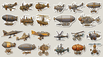 Collection of vintage steampunk vehicle stickers featuring airships, zeppelins, and mechanical inventions in brass and copper tones. Perfect for retro fantasy designs.