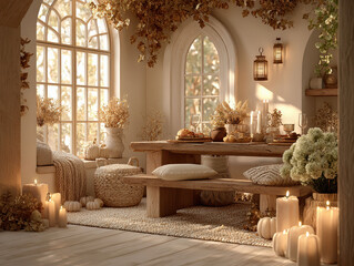 3D podium displaying Thanksgiving products with discounts, in a warm, well-lit, rustic dining room Room includes a wooden table, benches, chairs, food items, candles, greenery, and lar - AI-Generated