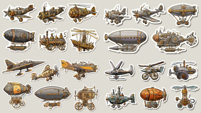 Collection of vintage steampunk vehicle stickers featuring airships, zeppelins, and mechanical inventions in brass and copper tones. Perfect for retro fantasy designs.