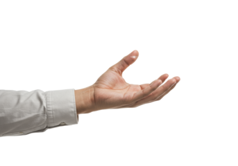 Light-skinned human hand and forearm with neutral shirt cuff, extended forward on transparent background, soft studio lighting. Concept of digital interaction and innovation