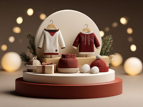Festive 3D podium displaying Christmas clothing items, featuring red and white sweaters, small ornaments resembling baubles, decorative felt balls, snow globes, warm colors, cozy atmosp - AI-Generated