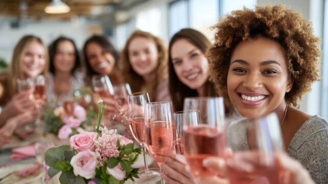 Celebration with friends at a modern indoor venue featuring a cheerful toast with pink beverages - Powered by Adobe