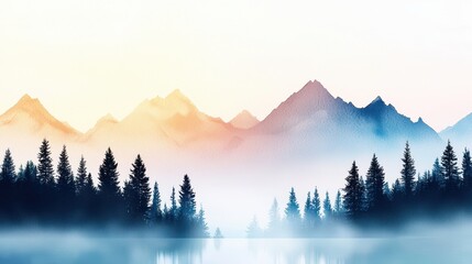 Obraz premium Serene landscape featuring mountains and evergreen trees, enveloped in mist and soft colors, evokes sense of tranquility and peace
