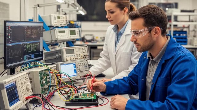 Technicians calibrating highvoltage valve control circuits using precision instruments in a dedicated workshop area.