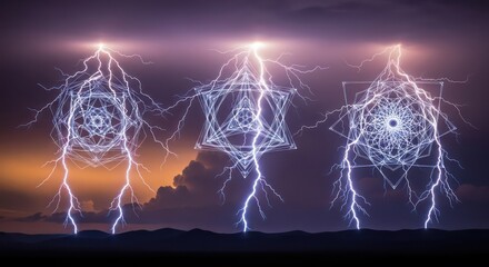 Geometric lightning strikes illuminate a dark landscape with an orange and purple sky